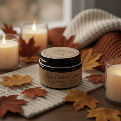 Jar of 'Autumn Spice' whipped tallow moisturizer with a brown label on a white background