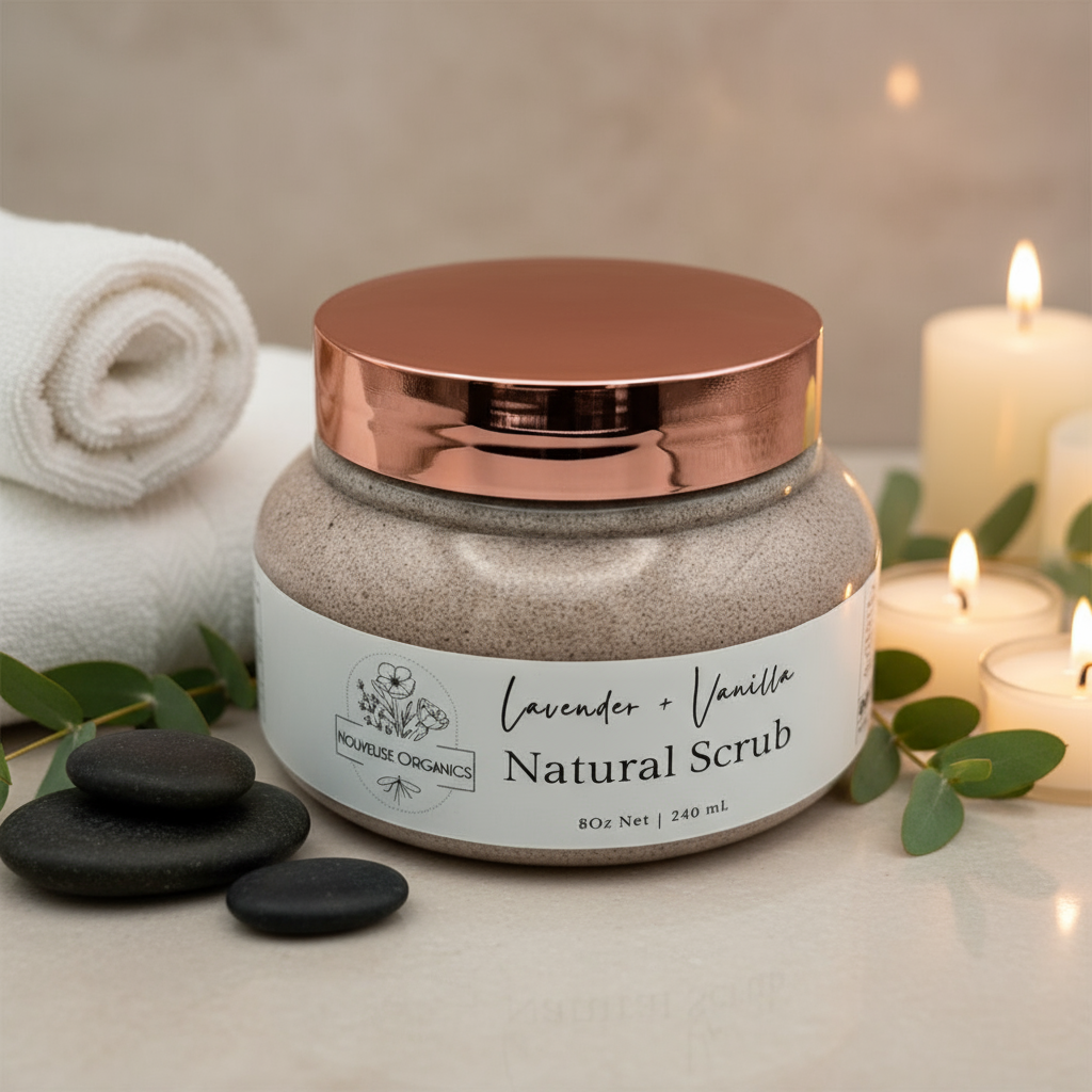 Jar of lavender and vanilla natural scrub with a copper lid on a white background