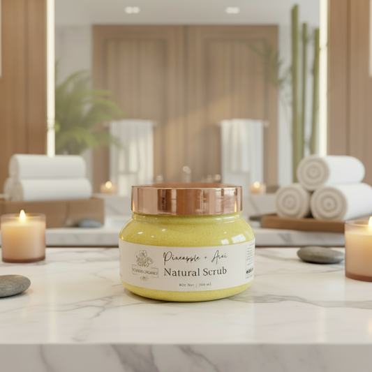 Jar of Pineapple + Acai Natural Scrub with a copper lid on a white background