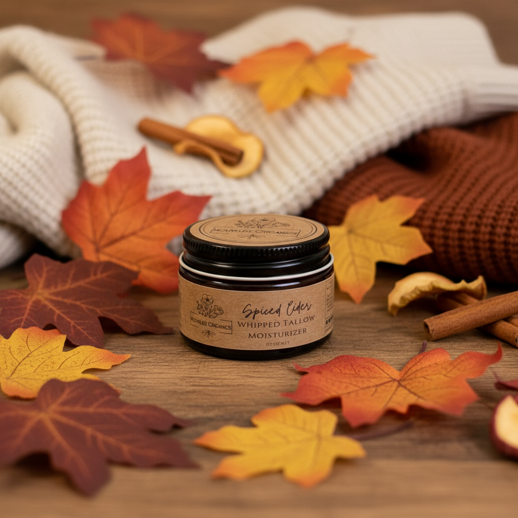 Jar of spiced cider whipped tallow moisturizer with a brown label on a white background